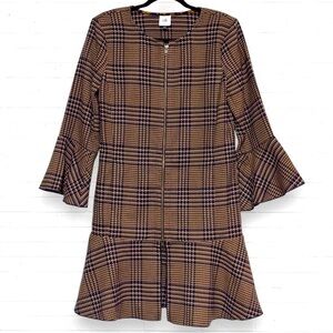 CAbi Tartan Plaid Flounce Zip Front Jacket Dress #3902 Navy Gold Brown Women's S